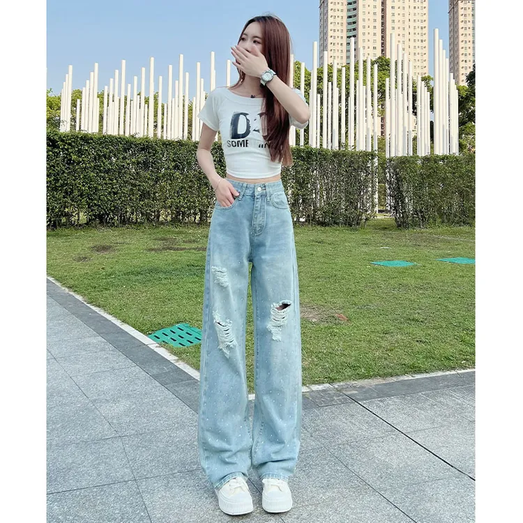 喜绚烫钻破洞阔腿牛仔裤女2025年春夏新款薄款高街宽松直筒裤子女