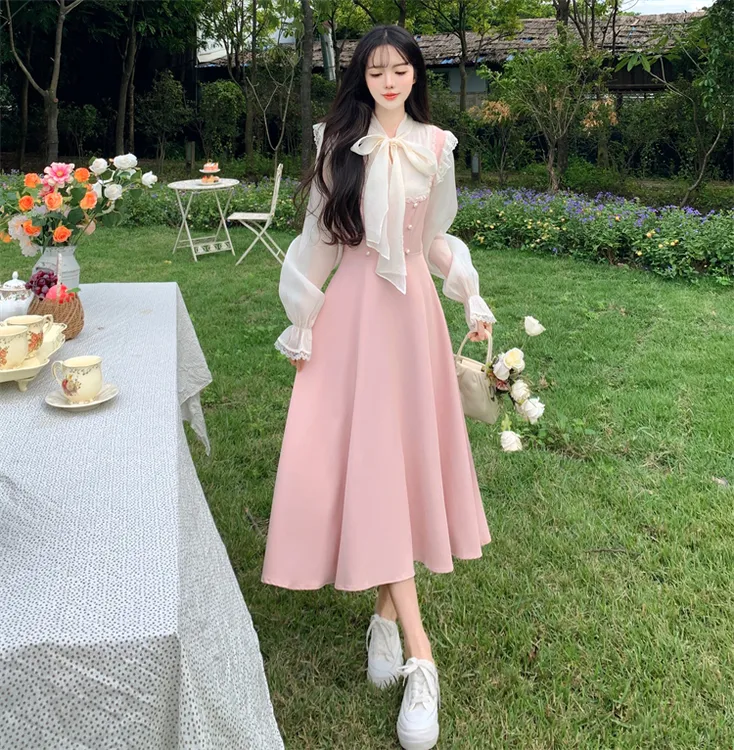 7870 大码女装春季新款温柔风甜美气质少女长袖假两件连衣裙