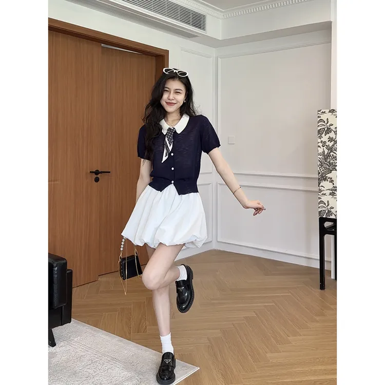 张阿星【悠悠日记】学院风翻领丝巾莱赛尔亚麻收腰修身T+花苞裙裤