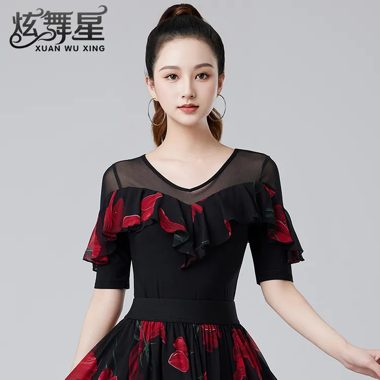 舞服2025新款时尚印花荷叶边拉丁舞练功服高端V领摩登华尔兹上衣