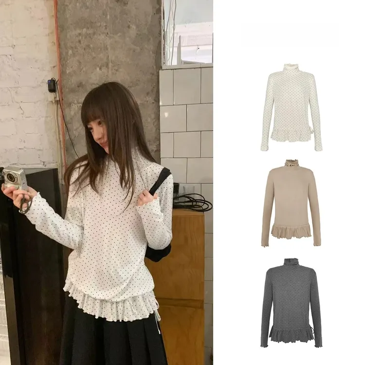 【全额运补+现货现发】百搭高领波点荷叶边打底衫气质宽松长袖上衣