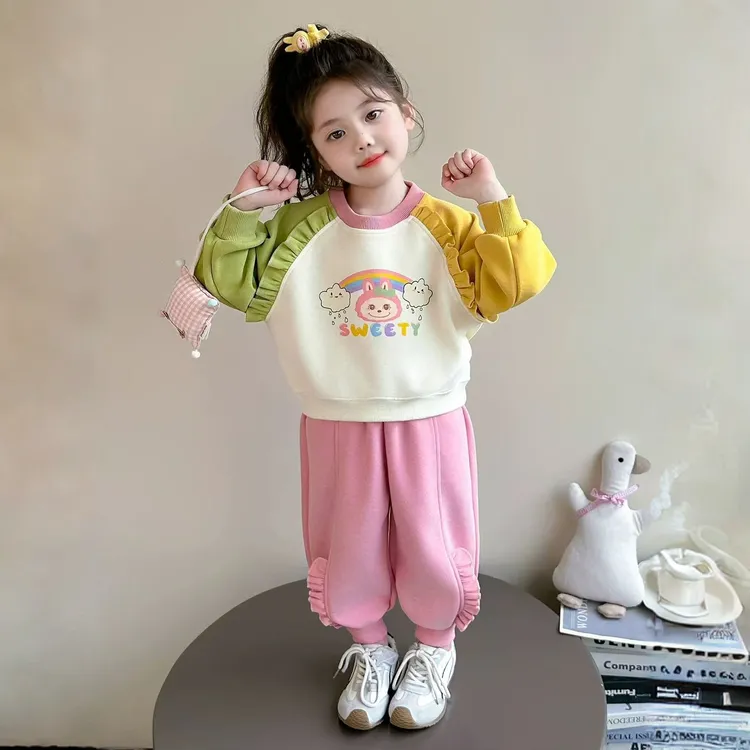 女小童春秋款套装2025新款女宝宝拼色卫衣秋装儿童洋气时髦两件套