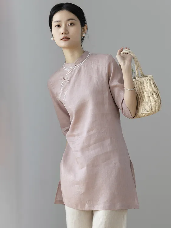 亚麻新中式斜襟气质春夏绣花薄款立领上衣复古文艺中长款