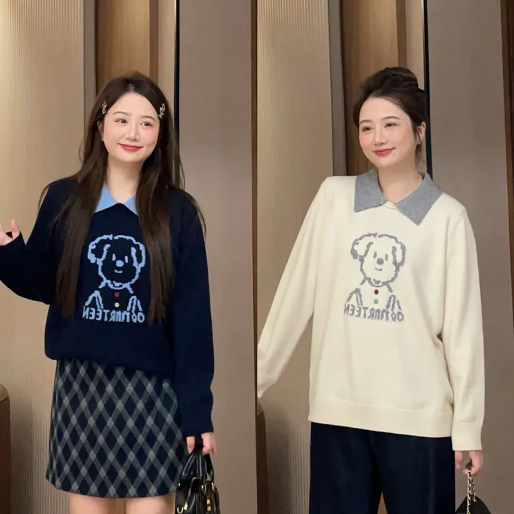 大萌萌【现货】秋冬撞色提花小狗翻领百搭针织衫微胖显瘦P225X20574