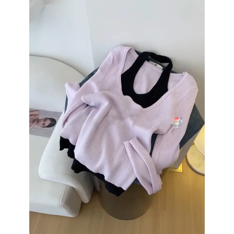 挂脖设计露锁骨性感睡衣女减龄假两件长袖加厚针织衫上衣女可外穿