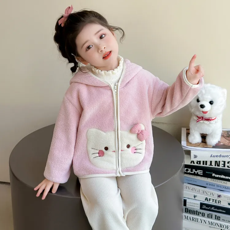 女童kt猫加绒外套秋冬季2025新款儿童连帽摇粒绒上衣宝宝加厚衣服