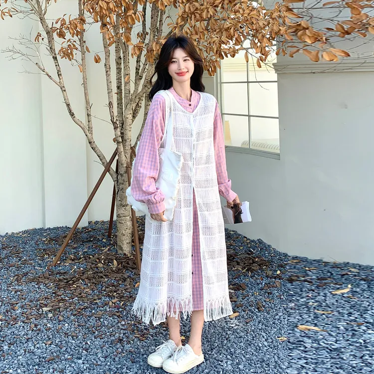甜美少女风套装裙女2025春秋款气质韩系ins风流苏罩衫格子连衣裙