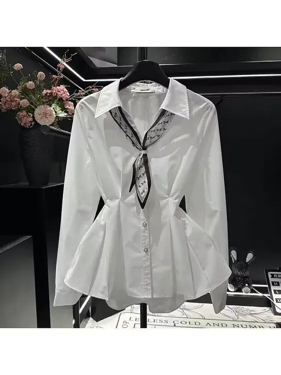 设计感春季丝巾飘带长袖衬衫女新款感气质收腰显瘦衬衣春秋上衣