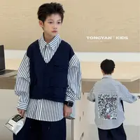 9.25号新品 男童长袖衬衫秋装自制条纹衬衣儿童假两件上衣TY03068