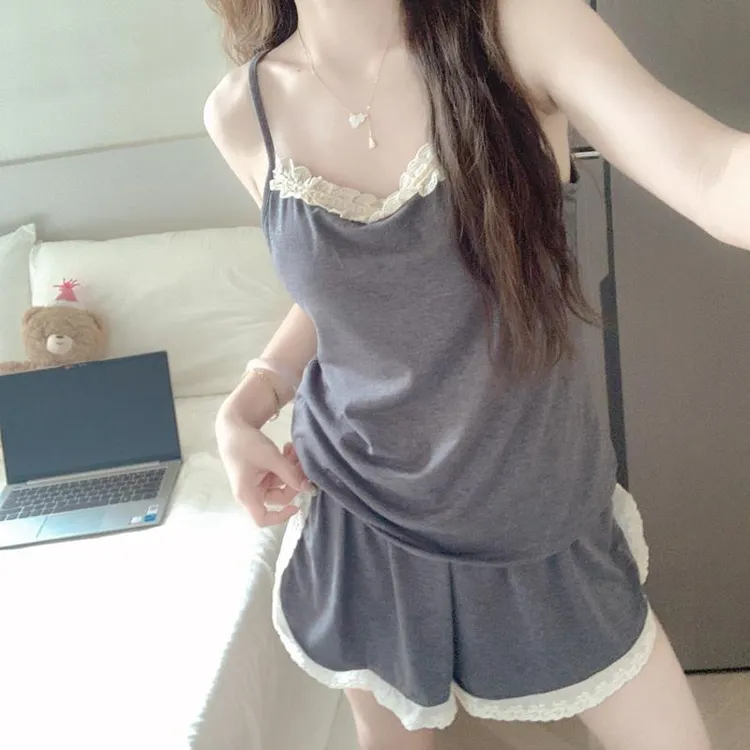 带胸垫纯欲风睡衣女款夏季性感吊带短裤无袖高级感家居服两件套装