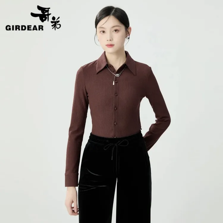 哥弟时尚简约百搭水波纹肌理感翻领弹力衬衫1301038通勤外穿长袖