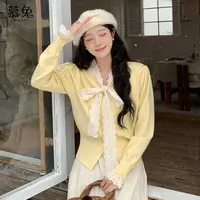 慕兔法式蝴蝶结系带针织衫女2025冬季新款洋气独特别致泡泡袖上衣