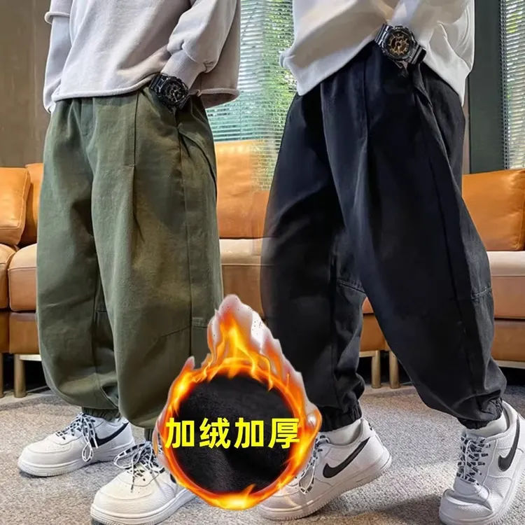 男童加绒工装裤秋冬季新款中大儿童冬装加厚束脚裤子秋款休闲裤潮