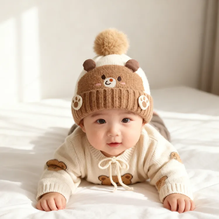 婴儿毛线帽秋冬季防风保暖套头帽宝宝针织帽护耳毛球帽子卡通可爱