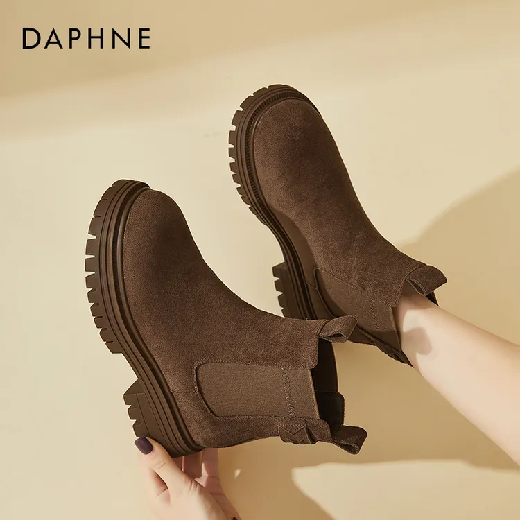 达芙妮琥珀流光加绒增高切尔西靴子女冬季新款复古磨砂马丁靴短靴