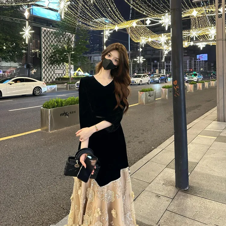 2025秋装大码清新甜美风女装重工绣花珠片连衣裙拼接中长款A字裙1