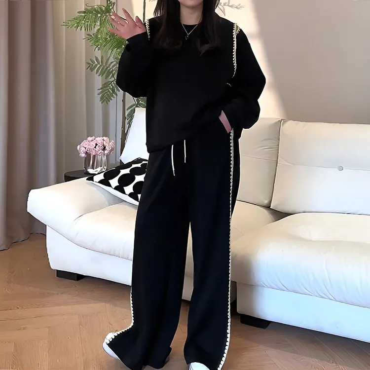 大码女装黑色卫衣运动套装宽松休闲阔腿裤春秋新款显瘦穿搭一整套