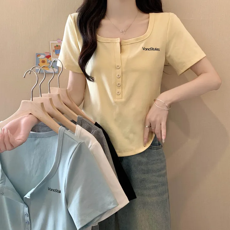 2025大码女装新款基础百搭刺绣字母半开领短袖T恤3167