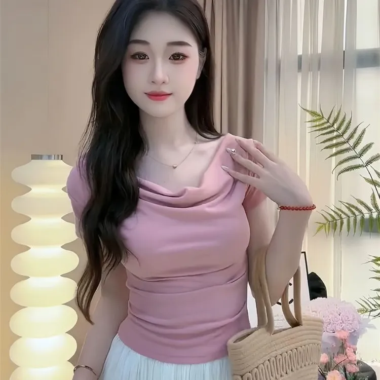 修身常规短袖短款纯欲2025夏季打底衫性感风T恤褶皱