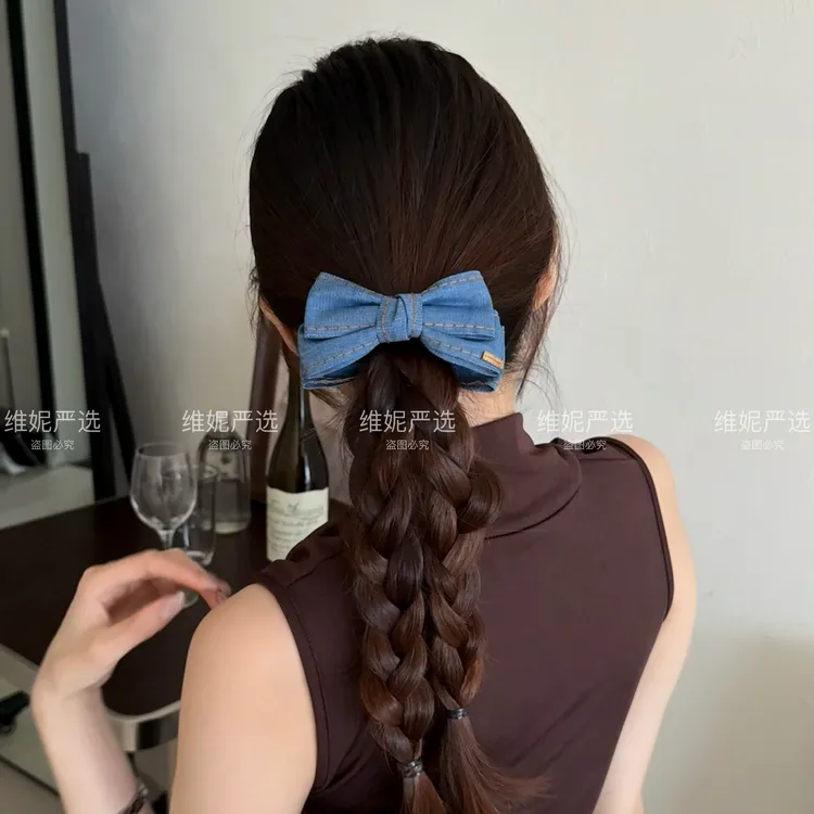 夏日宽边蝴蝶结牛仔蓝高级丸子头后脑勺高马尾大号香蕉夹