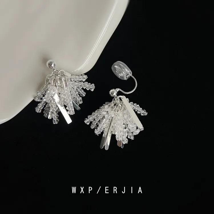 玻璃水晶烟花蚊香盘耳夹手作串珠设计感流苏轻奢高级感无耳洞耳饰