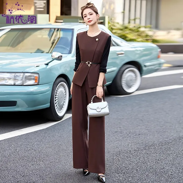 马甲阔腿裤t恤三件套女2025春季新款高级感气质时尚洋气减龄套装