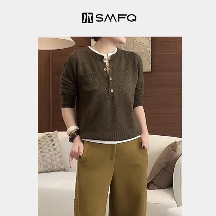 水木夫妻12支天丝羊绒假两件撞色花纱针织衫毛衣上衣