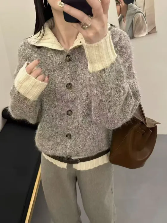 【秋季新款】MT' 复古扣拼色高领毛衣'  时尚慵懒风气质百搭秋冬