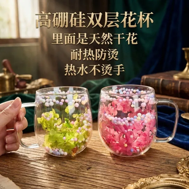 永生花桃之夭夭系列高硼硅玻璃双层防烫马克杯(粉色+绿色两支装)