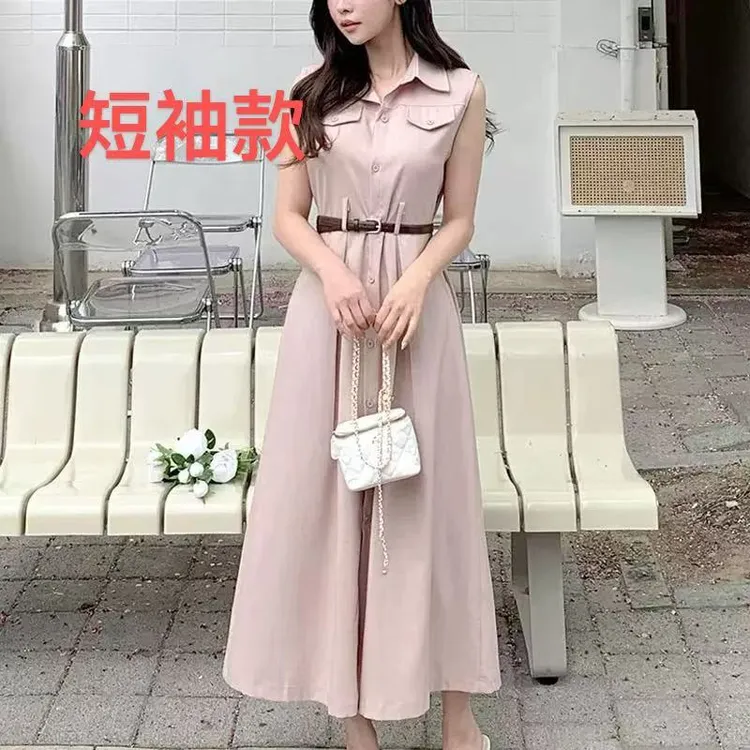 纯色短袖单排扣长裙夏季大码连衣裙夏装收腰职业风显瘦百搭6530