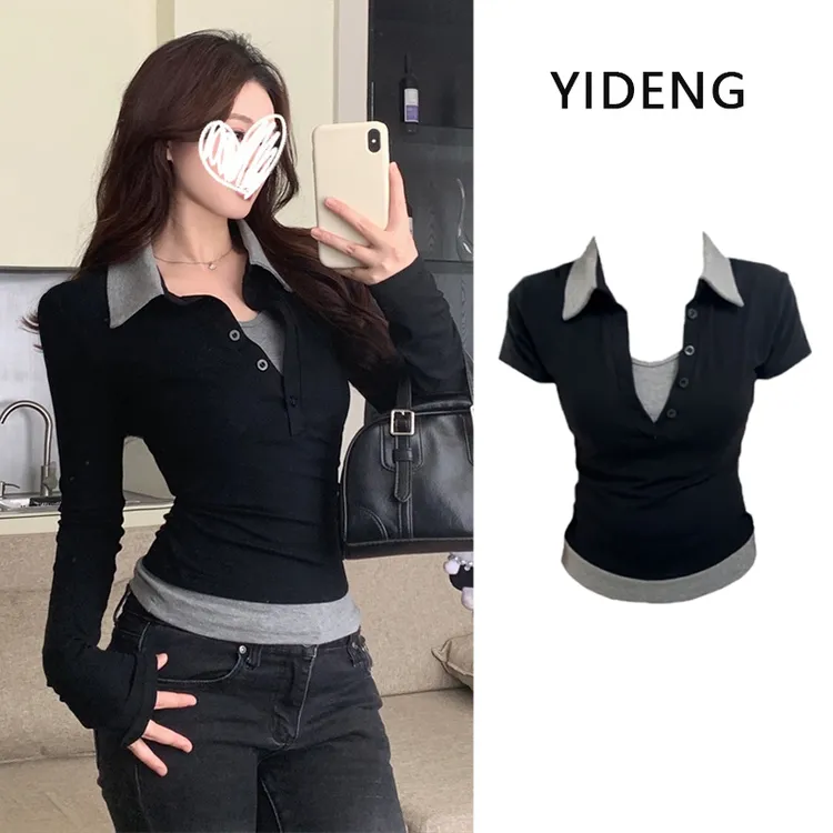 现货~【真两层】辣妹早秋新款假两件拼接翻领长袖T恤修身显瘦女上衣
