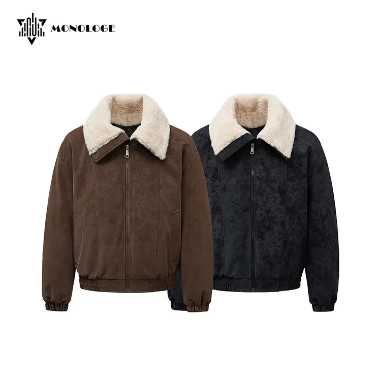 MONOLOGE冬季防寒保暖棉服外套男仿羊羔毛翻领加绒加厚棉衣棉袄