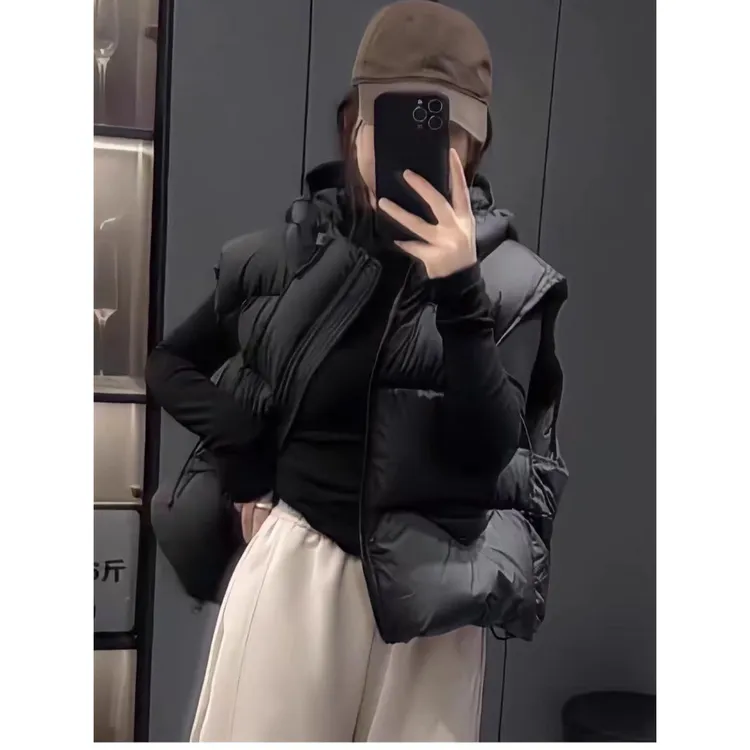 连帽马甲2025年新款加厚马夹短款宽松蓬松连帽小个子坎肩背心