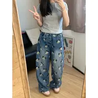 美式米奇牛仔裤2025春季新款街头造型感高腰直筒垂感印花休闲长裤