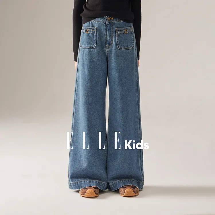 ELLE KIDS 童装 百搭复古水洗直筒休闲牛仔裤高腰时尚显瘦时髦Q3