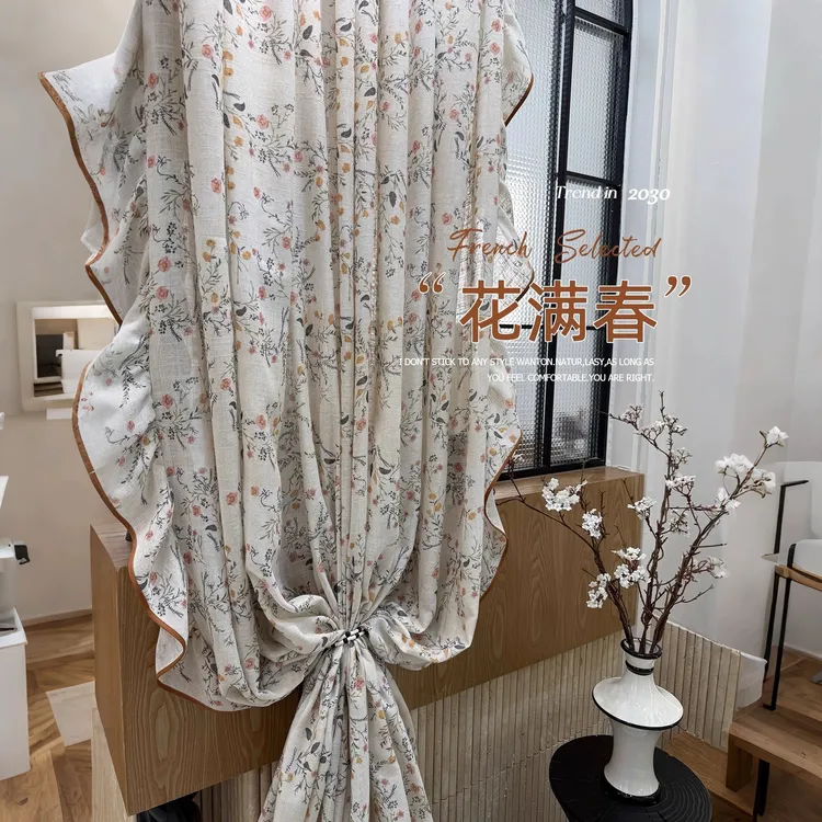 花满春｜复古法式美式田园亚麻花卉纱帘中古风卧室飘窗客厅阳台纱