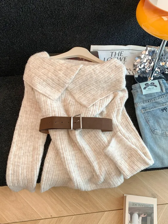 显气质绝了~韩女ins风配腰带翻领针织衫女秋冬2025高级感别致毛衣