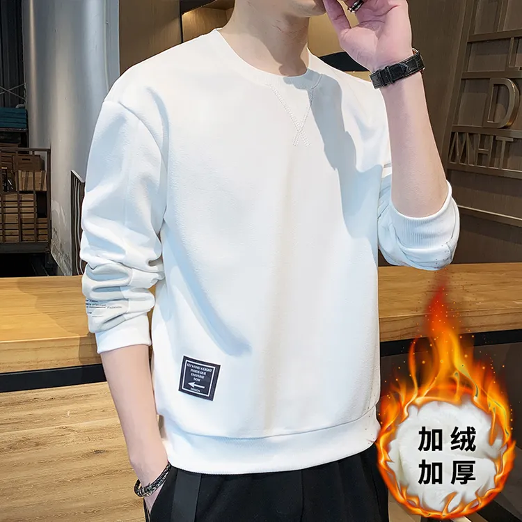 加绒加厚简约休闲卫衣男士新款冬季保暖撞色时尚百搭圆领上衣2008