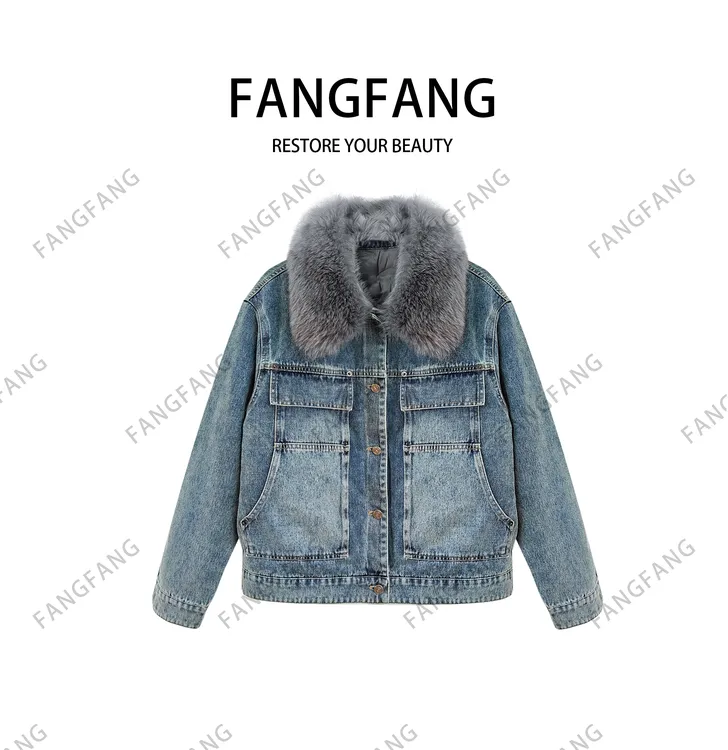 方方私服保暖厚款冬季外套短款休闲重工90白鸭绒牛仔羽绒服95203