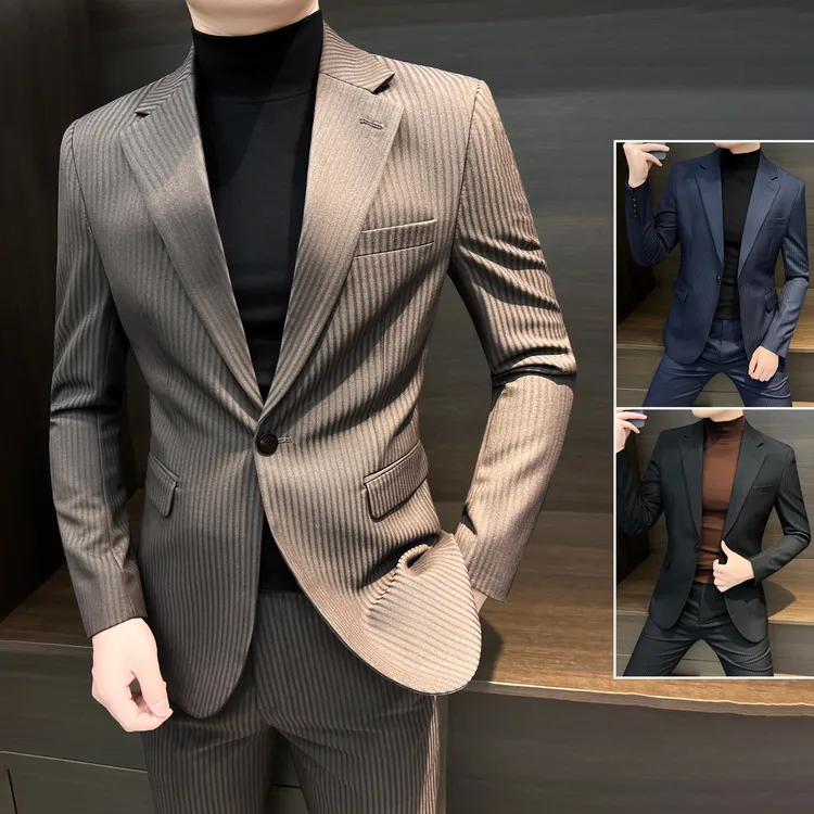 条纹休闲西装外套男款新款2025炸街潮牌男装痞帅高级感男士小西服