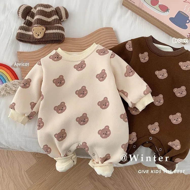 韩版儿童连体衣纯棉满印加绒加厚婴儿爬服新生儿冬季保暖包屁衣