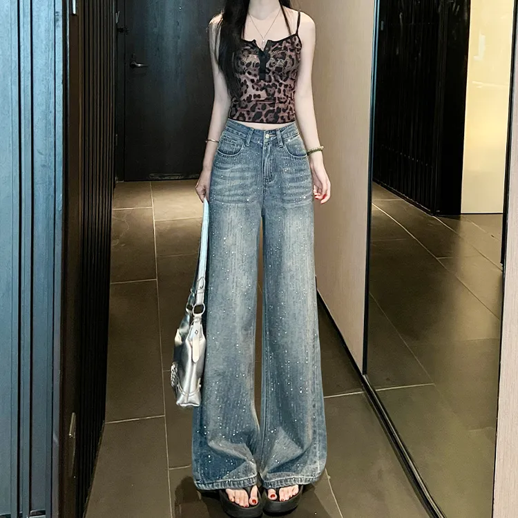 复古重工流星雨烫钻直筒阔腿牛仔裤女秋季新款高腰宽松显瘦小个子