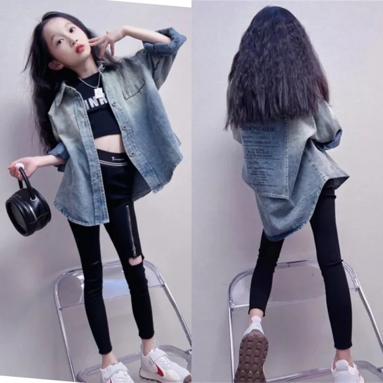 女童牛仔衬衫2025秋季新款薄款外套中大童韩版宽松休闲上衣中长款