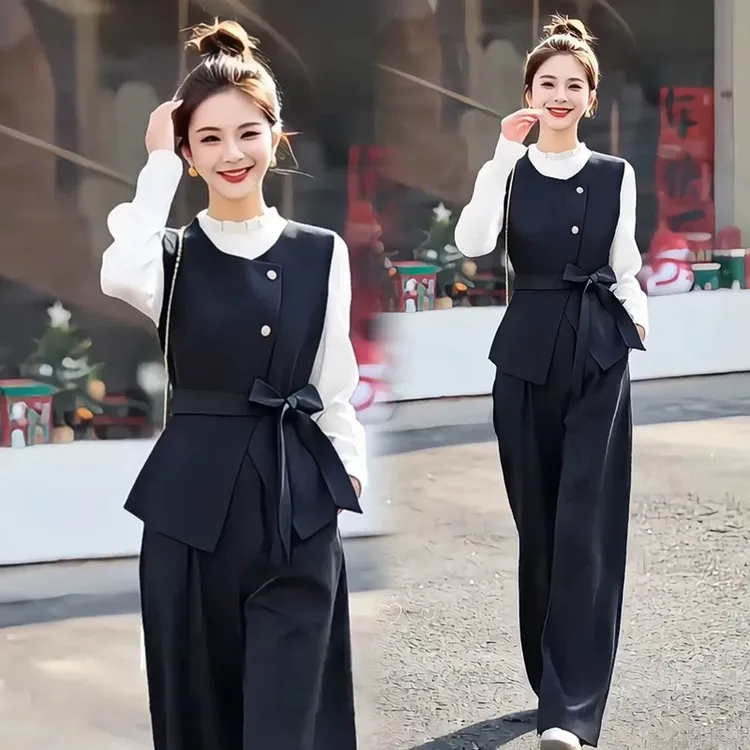 千金风洋气马甲套装2025春秋女气质衬衫收腰背心阔腿裤显瘦三件套