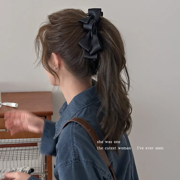 韩系缎面蝴蝶结香蕉夹女高马尾竖夹抓夹气质发夹发饰显发量鲨鱼夹