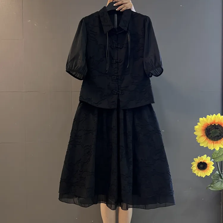 新中式时尚显瘦套装复古盘扣半袖上衣➕半身裙两件套5111