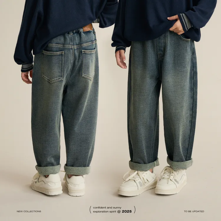 辰辰妈【通用牛】秋季儿童保暖宽松牛仔裤男女童百搭休闲裤8716D