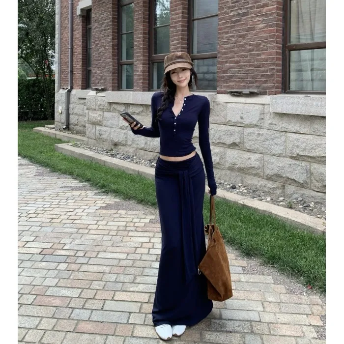 辣妹灰色半开领长袖修身T恤女秋季休闲套装绑带包臀半身裙两件套