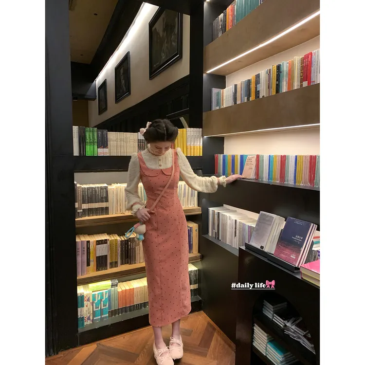 一生罗曼【奶油甜桃】冬季新款法式小众设计感长袖连衣裙长裙L1580