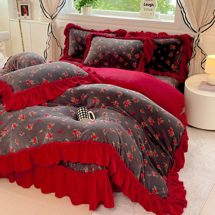 秋冬法式复古高克重加厚牛奶绒床盖四件套保暖花边被套防滑床盖